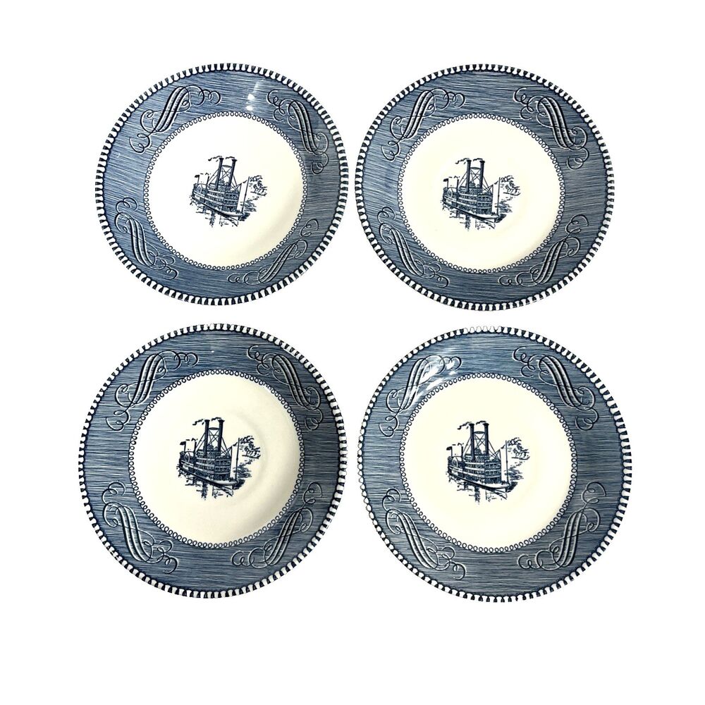 Vintage Currier & Ives Blue White Steamboat Saucer Plates 6" Set Of 4